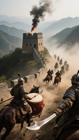 明嘉靖年蓟镇长城，狼烟腾空，烽燧垛口军士赤膊擂鼓，八旗骑兵先锋突现在山道尘雾中，镜头广角俯拍，冷兵器金属反光，电影级光影，--style raw --v 6.0