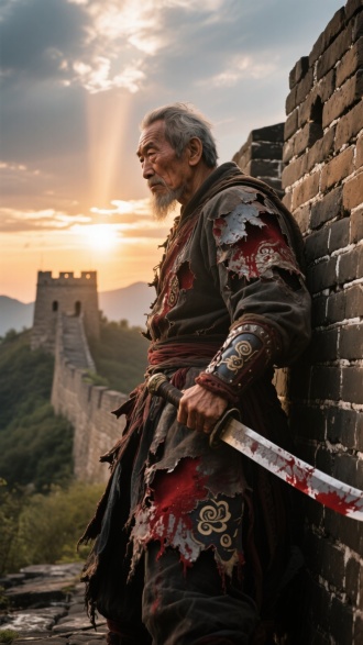 战损老兵背靠长城城墙，残破鸳鸯战袄浸透红色液体，手中紧握卷刃腰刀，身影渐变为长城砖石纹理，朝霞穿透云层如神光，电影级光学