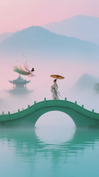 粉蓝渐变天空，朦胧远山，左侧小塔，绿色拱桥，牛郎汉服风度翩翩撑棕色纸伞，织女仙女飞天而来，传统服饰飘逸，绿松石水面倒影，柔和色调，宁静神秘，广角镜头，柔光，浅景深，梦幻光影，丝绸质感，中国风水墨渲染，低饱和度，温暖氛围，对角构图，云雾缭绕，仙气缭绕，轻盈动态，细腻笔触