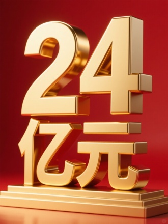 金属立体字“24 亿元" 字金色，”24“居中大字，亿元小字，正视图，空间感，荣誉底座，海报风格，红色背景