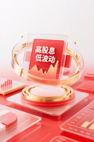 3D金融数据仪表盘界面，半透明磨砂玻璃叠加分层模块，中心悬浮旋转红色走势图模型，中间文字"高股息 低波动"，抽象数据流环绕，OC渲染强化材质光影细节，科技风格，红白渐变背景配黄金质感元素