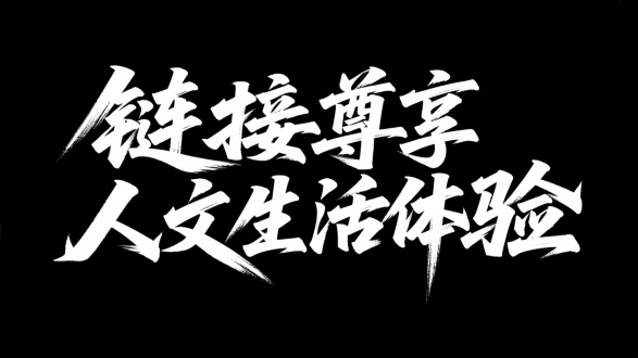 请生成以 “链接尊享人文生活体验 ” 写成一排，为内容的黑底白字秀丽笔书法图片，笔画紧凑有力，转折处干脆利落，起笔和收笔处带有自然的顿笔和锋锐感，飞白效果自然呈现，笔画间有交错穿插，街头潮流的自由形态，充满细节，字形结构舒展且富有韵律，呈现出一种潇洒飘逸又不失刚劲有力的风格，黑色背景。