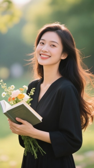 幸福中国女人，长发飘逸，手持书与插花，户外，三分法构图，暖光，长焦镜头，清新色彩，优雅姿态，高级感。