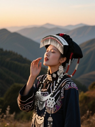 彝族女子深情歌唱，传统刺绣服饰，银饰头饰，柔和光线，黄昏背景，群山环绕，自然风光，特写镜头，浅景深，温暖色调，民族风情，情感丰富，微张嘴唇，专注眼神，侧光，高分辨率，细腻纹理，文化氛围，宁静祥和