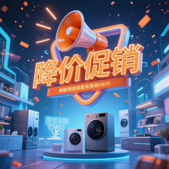 “降价促销”发光艺术字与喇叭组合，在中上部分，中下部分的前景为家电物联网场景，高清修复，细节优化，高级上档次，背景是促销气氛，未来科技风，广角镜头，蓝橙色对比色，粒子光斑特效。