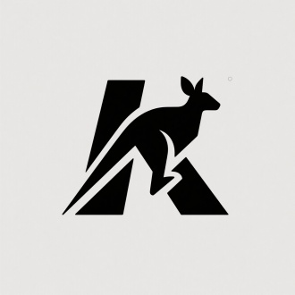 袋鼠与K字母融合的标志，现代极简风格，几何线条流畅，动态平衡构图，抽象表现，单色或双色方案，高对比度，负空间巧妙运用，锐利边缘，扁平化设计，活力感，品牌识别度高，矢量图形，清晰轮廓，创意字体，醒目易记