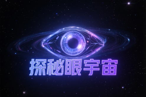 探秘眼宇宙logo设计，深邃星空背景，神秘瞳孔状星系中心，几何科技感，发光字体"探秘眼宇宙"悬浮，霓虹蓝紫渐变，微光粒子效果，极简主义，高分辨率，对称构图，暗黑科技风，未来感，透明质感，动态模糊，全息投影效果