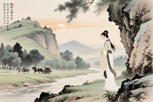 余从京域言归东藩。背伊阙越轘辕经通谷陵景山。日既西倾，车殆马烦。尔乃税驾乎蘅皋，秣驷乎芝田，容与乎阳林，流眄乎洛川。于是精移神骇，忽焉思散。俯则未察，仰以殊观，睹一丽人，于岩之畔。