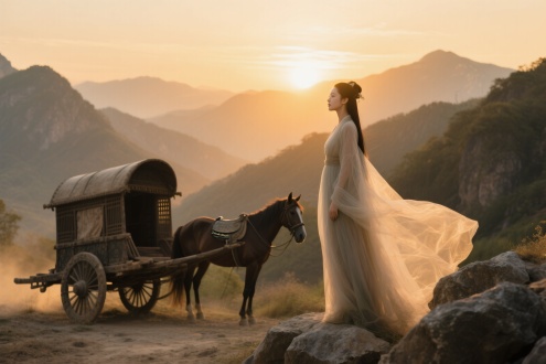 "夕阳余晖，山川壮丽，马车疲惫停驻，优雅丽人立于岩石边，轻纱长裙飘逸，目光远眺，如梦似幻，柔光散射，古风意境，暖金色调，广角镜头，逆光效果，细腻纹理，静谧氛围，诗意盎然，古典美学，空灵飘逸。"