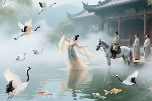 骑马主仆岸边观望，仙女水面起舞，华丽轻盈服饰，中国古风，云雾缭绕，仙鹤飞鸟，水中游鱼，仙境氛围，柔光，广角镜头，淡雅色调，丝绸质感，轻盈飘逸，动态捕捉，古典建筑背景，细腻笔触，梦幻光影，宁静祥和