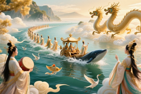 水面众神巡游，屏翳御风，川后平浪，冯夷击鼓，女娲吟唱，文鱼跃浪，玉鸾齐鸣，六龙驾车，云车飘逸，鲸鲵护驾，水禽环绕，仙境氛围，神话场景，对称构图，金色暖光，柔焦效果，广角镜头，动态模糊，华丽服饰，飘逸衣袂，神圣表情，蓝绿色调，水波粼粼，祥云缭绕，辉煌壮丽。