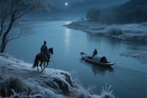 背下陵高，足往神留，遗情想像，顾望怀愁。冀灵体之复形，御轻舟而上溯。浮长川而忘返，思绵绵而增慕。夜耿耿而不寐，沾繁霜而至曙。命仆夫而就驾，吾将归乎东路。揽騑辔以抗策，怅盘桓而不能去。