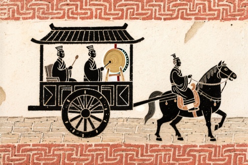 记里鼓车行驶在古代官道上，车夫驾驭马匹，贵族端坐车厢，木人敲鼓，汉代砖画风格，对称构图，线条粗犷，平面化，红黑主色调，几何图案装饰，浅浮雕效果，古朴质感，历史感，简约，动感，仪式感，庄严
