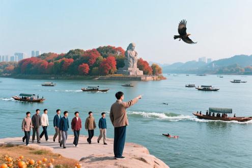 独立寒秋，湘江北去，橘子洲头。

看万山红遍，层林尽染；漫江碧透，百舸争流。

鹰击长空，鱼翔浅底，万类霜天竞自由。

怅寥廓，问苍茫大地，谁主沉浮？

携来百侣曾游，忆往昔峥嵘岁月稠。

恰同学少年，风华正茂；书生意气，挥斥方遒。

指点江山，激扬文字，粪土当年万户侯。

曾记否，到中流击水，浪遏飞舟？