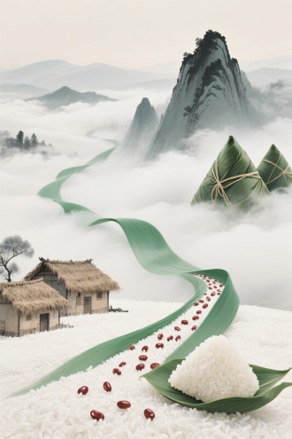 远景：云层中，右侧一个个巨型粽子，像山峰般高耸，云雾缭绕，
中景：一条巨型宽幅青翠丝带从云雾中往地面延伸，丝带上放着许多红豆，丝带一直到地面
近景：地面上是如雪般的糯米，地面上左侧立着一间间茅草屋，屋顶是糯米
水墨画风格，中国风，意境深远，唯美画面，超广角，宏观场面