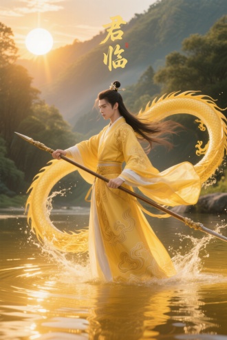 国风仙侠场景，一位身着金黄渐变云纹龙袍的清冷武者，高束玉簪发髻，长发随风飞舞，手持长枪立于金光水面，挥动长枪带起环型飞溅龙型水花，金黄渐变的“君临”二字融入空中，背景是烈日当空山林，营造空灵武侠氛围感，画面动态感强、色彩清冽，突出仙侠战斗意境。