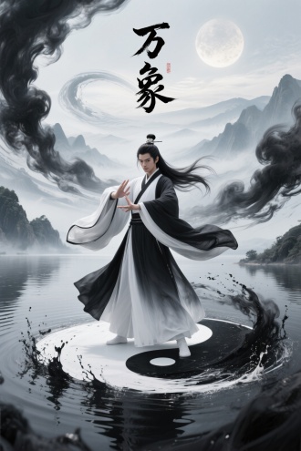 国风仙侠场景，一位身着黑白渐变道袍的清冷武者，高束玉簪发髻，长发随风飞舞，双手结印立于黑白阴阳水面，水面升起环型飞溅墨黑烟雾，黑白飘逸的“万象”二字融入空中，背景是日月山河，呈扭曲旋转形态，营造空灵武侠氛围感，画面动态感强、色彩清冽，突出仙侠战斗意境。
