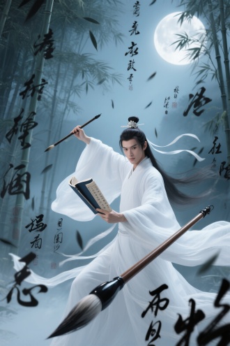国风仙侠场景，一位身着白色汉服的清冷儒生，高束玉簪发髻，一手拿书卷，一手挥舞巨大毛笔，无数黑色汉字浮现于四周，背景是朦胧月下竹林，营造空灵武侠氛围感，画面动态感强、色彩清冽，突出仙侠战斗意境