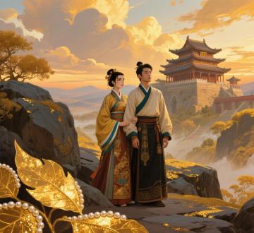 "中国旺庄风格场景，民族风情美景，岩石彩绘金色叶子，金色边缘珍珠光泽，远处古老建筑宏伟震撼，电影级画面，高饱和度色彩，广角镜头，黄昏光，动态云层，精细笔触，高级绘画质感，艺术美学，金色与大地色调，壮丽氛围，专业插画风格。"