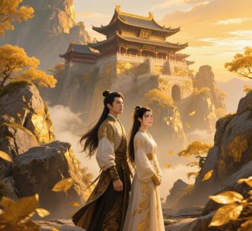 CG中国旺庄风格场景，岩石彩绘金色叶子民族风，古老建筑远处矗立，宏伟色彩电影感，高饱和度，广角镜头，金色边缘光晕，夕阳斜照，岩石纹理细腻，建筑细节精致，动态构图，艺术美学，暖色调，壮丽景观，情感震撼，笔触流畅，每处细节皆可动，珍珠般光泽，层次丰富，史诗级画面。