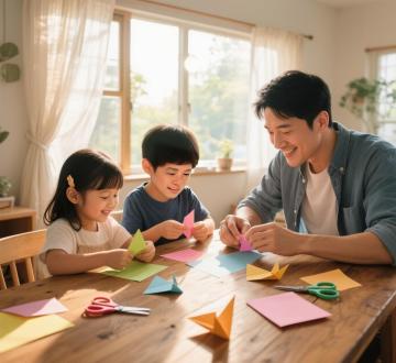 温馨家庭手工场景，父母与孩子围坐木桌制作折纸，木纹桌面散落彩色折纸和剪刀，窗外阳光透过纱帘形成柔和光斑，浅景深突出孩子专注表情和微笑，父母温柔注视，水彩风格，温暖色调，柔焦效果，自然光，家庭氛围，温馨情感，细节丰富，手部特写，亲子互动，居家环境，午后阳光