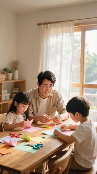 温馨家庭手工场景，父母与孩子围坐木桌制作折纸，桌面散落彩纸和剪刀，窗外阳光透过纱帘形成柔光，浅景深突出孩子专注表情，水彩风格温暖色调，自然光，50mm定焦镜头，柔和阴影，温馨氛围，互动细节，手部特写，温暖色彩，快乐表情，家庭和谐，细腻笔触