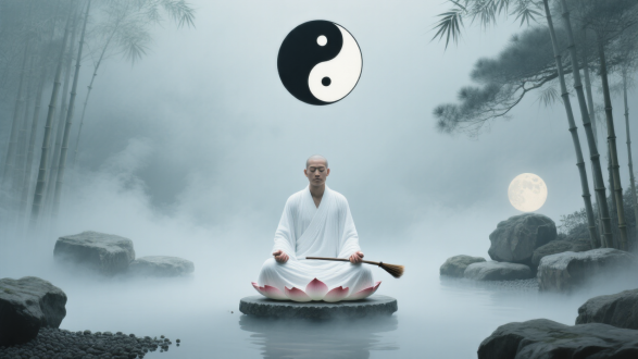 "太极阴阳图悬浮虚空，云雾缭绕，道士盘坐莲花台，素白道袍，闭目凝神，拂尘横膝，水墨晕染风格，长焦镜头，柔光弥漫，低饱和度，青灰色调，静止冥思，清浊气流交织，枯山水庭院，月光透竹影，空灵禅意。"