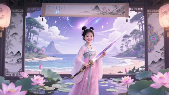 "三维奇幻森林与海滩交融，汉服少女手持古剑立于荷花池畔，粉白紫水晶色调，明亮柔光与轮廓光交织，电影级灯光，全景长卷轴构图，工笔画细节，中式赛博元素，空中花园背景，梦幻云彩与星云点缀，开心表情，丸子头黑发，复古室内与灯笼装饰，水墨质感，景泰蓝细节"