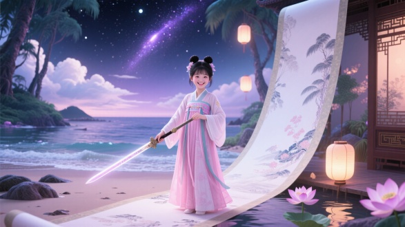 "奇幻森林与海滩交融，少女穿汉服持古剑站立，粉白紫水晶色调，明亮柔光与轮廓光交织，电影级灯光，梦幻云彩与银河背景，中式赛博元素，工笔画细节，开心表情，黑发丸子头，荷花与灯笼点缀，全景长卷轴构图，量子点光效，复古室内与星空夜景结合，3D渲染，虚幻引擎风格，柔焦镜头，高动态范围。"