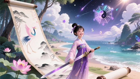 "虚幻引擎渲染的奇幻森林与海滩融合场景，三维建模，中式赛博风格，汉服少女手持古剑站立，黑发丸子头，开心微笑，梦幻云彩与星空夜景背景，全景长卷轴构图，工笔画细节，柔光与电影灯光，粉白与紫水晶色调，荷花与朱雀点缀，八卦元素漂浮，量子点光效，阳光照射，水墨质感，景泰蓝装饰，快速快门，高动态范围"