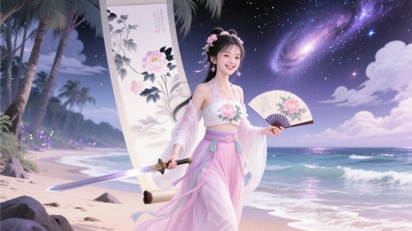 "虚幻引擎渲染，汉服少女漫步奇幻森林海滩交界，柳叶眉樱桃嘴鹅蛋脸，牡丹肚兜配齐襦裙，彩绘丝绸外衣飘逸，手持古剑与折扇，背景融合星空银河水墨云彩，电影级柔光与轮廓光交织，粉白紫水晶色调，工笔画细节，全景长卷轴构图，中式赛博奇幻，开心表情动态，量子点光效，复古梦幻灯光，高饱和色彩，国风元素拉满 --niji 6 --ar 16:9"