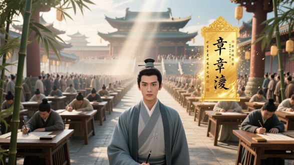 "北宋盛世，汴京全景，巍峨宫殿，繁华街道，熙攘人群，飞檐翘角，大远景俯瞰，暖色调，广角镜头，晨光倾泻。殿试考场，肃穆厚重，木质考桌整齐排列，柔和光柱，低角度广角，冷色调。章衡特写，青灰长袍，清秀面容，深邃眼神，中景正面，自然光，坚毅表情。考场众生相，学子伏案疾书，笔锋残影，汗珠滑落，特写微俯，高对比度，紧张氛围。金榜揭晓，粒子特效，金色光芒，'章衡'高亮，CG动画，喜庆色彩。朝堂场景，官服装束，沉稳进谏，中景平视，庄严光线。书院传承，学子研习，翠竹摇曳，柔光全景，水墨意境。"