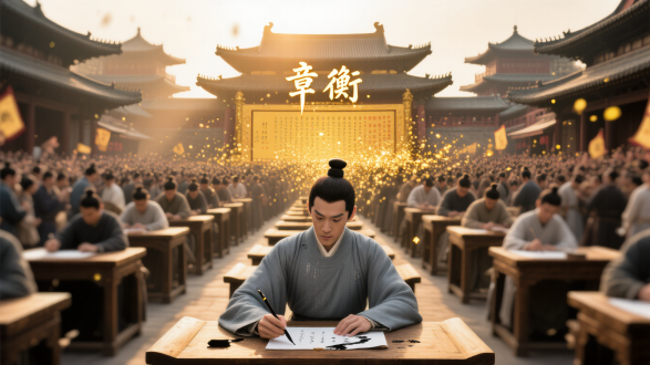 北宋盛世，汴京全景，巍峨宫殿，繁华街道，熙攘人群，飞檐翘角，大远景俯瞰，暖色调，高对比度，广角镜头，晨光倾泻，壮观宏伟。殿试考场，肃穆厚重，木质考桌整齐排列，柔和光柱，广角低角度，冷色调，静谧庄严。章衡特写，青灰长袍，清秀面容，深邃眼神，中景正面，坚毅智慧，自然光侧照。学子伏案疾书，笔锋流畅，墨迹晕染，特写微俯，紧张专注，汗水滑落，动态模糊。金榜揭晓，人山人海，金色粒子特效，"章衡"高亮闪烁，全景高机位，欢庆氛围，逆光辉煌。