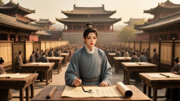 北宋盛世，汴京全景，巍峨宫殿，繁华街道，熙攘人群，飞檐翘角，大远景俯瞰，暖色调，高对比度，广角镜头，柔和侧光，宏伟庄严。殿试考场，木质考桌，整齐屏风，柔光倾泻，肃穆厚重，低角度广角。宣纸笔墨特写，俯视构图，宁静紧张。章衡中景，青灰长袍，清秀面容，坚毅眼神，正面拍摄，自然光。
