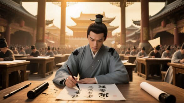北宋盛世汴京全景，宫殿巍峨，飞檐翘角，街道繁华，人群熙攘，广角镜头，高机位俯瞰，金色晨光，暖色调，宏伟繁荣，细节丰富。  

殿试考场内部，木质考桌整齐排列，高窗光柱倾泻，低角度拍摄，广角镜头，柔和光影，肃穆厚重，静谧庄严。  

特写宣纸笔墨，俯视构图，精致排列，墨锭毛笔，空白考卷，宁静氛围，细腻质感，考前紧张，传统文具。  

章衡中景特写，青灰长袍，面容清秀，眼神坚毅，正面构图，柔和侧光，学者气质，智慧深邃，朴素典雅。  

考场全景，学子伏案，考官分发考卷，平视视角，肃穆氛围，紧张情绪，光影交错，传统服饰，历史厚重感。  

章衡疾书特写，笔尖滑动，墨迹晕染，微俯视角，专注神情，笔走龙蛇，动态模糊，细节刻画，文思涌现。  

汗珠滑落特写，斜侧光，笔锋残影，墨迹粒子特效，紧张氛围，沉浸思考，光影对比，细腻皮肤，情绪张力。  

考卷字迹显现，遒劲有力，墨色渐变，推拉镜头，CG特效，文字浮现，思想深邃，历史感，书法美学。  

金榜揭晓场景，阳光明媚，人群翘首，高机位全景，金色光芒，粒子特效，焦点“章衡”，喜庆氛围，荣耀时刻。  

章衡官服朝堂，沉稳庄重，中景平视，CG蒙太奇，治国理政，传统服饰，权威感，历史贡献，光影层次。  

书院学子研习，翠竹摇曳，柔和光线，全景构图，文化传承，静谧学术，古籍笔墨，文人风骨，宋韵意境。