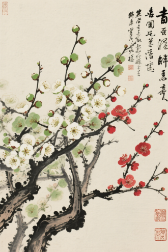 古老的梅花丛，遒劲，腊梅，绿梅，白梅，红梅，中国古画文风，题词和落款盖章等传统因素，简洁含蓄的意境