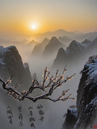 崇山峻岭，悬崖绝壁，梅花枝横斜，日出疏影，诗情画意，水墨风格，晨光熹微，金色阳光，薄雾缭绕，梅花傲雪，枝干苍劲，花瓣晶莹，悬崖陡峭，远山如黛，层次丰富，长焦镜头，柔焦效果，高动态范围，冷暖对比，宁静致远，意境深远