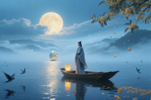 碧海青天云波翻涌，日月驾舟明珠浮动，风雨中桂花飘落，柚灯照亮远方故里，全景构图，梦幻唯美风格，古装人物立于舟上，长袍飘逸，目光深邃，柔和散射光，广角镜头，高动态范围，蓝金主色调，神秘静谧氛围，薄雾效果，水面倒影，飞鸟点缀，情感深沉悠远。