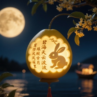 一盏精美的柚子灯，雕刻着小白兔和汉字，写着“碧海青天云波涌日月驾舟明珠移风雨遥寄桂花重
柚灯隔空照故里”字样，夜景，中秋商品设计