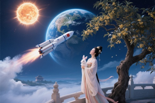 嫦娥抱着小白兔站在广寒宫的桂花树下遥望天空的太阳和地球，一艘火箭从地球飞来，梦幻浪漫高科技穿越时空的瞬间