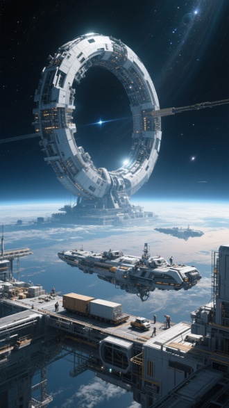 太空建造巨型环形星门，框架结构，工程飞船忙碌施工，大型飞船安装核心部件，货运船运输材料，地球大气层光晕，深邃宇宙星空背景，前景空间站与船坞，未来科技感，冷色调，广角镜头，高动态范围，复杂光影，金属质感，遥远恒星点缀，宏大场景，精细细节