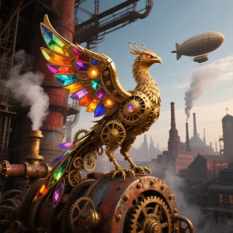  一只由黄铜、精密齿轮和蒸汽管道构筑而成的蒸汽朋克火凤凰，其机械羽翼上镶嵌着多切面的有色玻璃或晶石，在内部灯光的映射下散发出七彩斑斓的辉光，仿佛有蒸汽在其中流动。它栖息在工业革命时代废弃的巨大机械装置上，背景是充满蒸汽和烟囱的工业城市天际线，以及悬浮在空中的飞艇剪影。整体色调为黄铜、铁锈红和深棕色，但凤凰的七彩光芒是画面中唯一的亮色，细节处可见铆钉、螺丝和复杂的机械结构，充满了奇妙的科技与玄幻交织的精致感。蒸汽朋克艺术，机械幻想，维多利亚时代，复古未来主义，齿轮与蒸汽，高对比度光影，工业美学，精致细节，独特视角，8K。