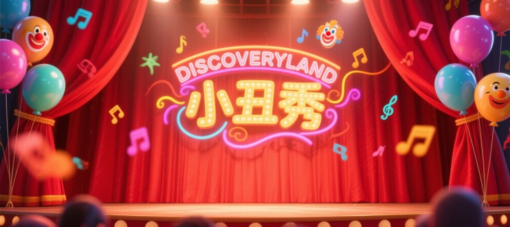马戏团舞台背景，大面积红色绸缎背景帘，空镜，2.5D风格，欢乐氛围，气球元素，主标题“DISCOVERYLAND 小丑秀”居中，霓虹灯效果，暖色调，仰视视角，广角镜头，柔光，动态模糊，无角色，无人物，观众互动，高饱和度，节日装饰，卡通渲染，景深效果，夸张表情，流动线条，色彩斑斓，欢快音乐符号漂浮。