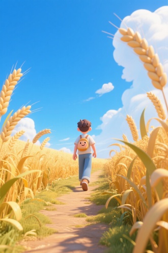 在一片蓝天下，金色的麦田，远处有一个走在小路上的青年，他的背影渐行渐远，
麦子长得非常高，3D卡哇伊动漫插图风格。这幅插图是使用数字艺术技术创作的，以捕捉卡通人物的可爱特征。该设计突出了嬉戏的表情，同时展示了详细的纹理和配饰，在蓝色的天空下，白云与蓝天，人物背影，后脑勺，超广角，3:4，远景构图