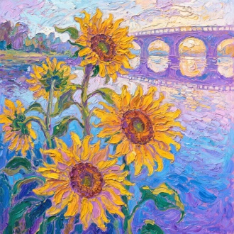 画面呈现斑驳日光下摇曳的向日葵，黄色系颜料以分层笔触堆叠，水面使用蓝紫色反向笔触表现倒影振动效果，桥梁轮廓融入环境色中避免硬线条。前景花瓣采用厚涂法（impasto）强化立体感。