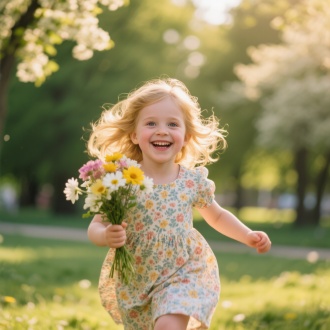 欧美小女孩手持鲜花灿烂微笑，公园背景，浅景深，自然光，逆光效果，柔和暖色调，50mm定焦镜头，虚化绿植，生动表情，明亮眼睛，飘逸金发，碎花连衣裙，奔跑姿态，欢快氛围，高饱和度，黄金时刻，微风拂动发丝，阳光斑驳，春天气息，天真烂漫。