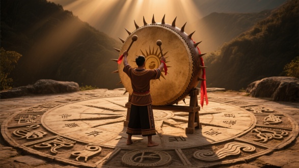 金咖色画面，低角度镜头，甲骨占梦星盘，一个云南攸乐石鼓圆形图案平铺在地上，图案是手工雕凿的延伸出画面，雕凿出的很路很细，如同被岁月磨砺过的痕迹，图案的中心是一个放射性的太阳，太阳中心立着一支棕色基诺大鼓，鼓面直径88厘米，鼓长122厘米，大鼓侧趟在木架上，鼓面上有11根长刺像一个太阳，鼓很大很高比人还高一倍，一个古铜肤色身穿基诺族服饰的男人背对镜头，站在鼓前高举双手，拿着係着红色丝带的鼓棒击打大鼓，第二圈图案是云南攸乐少数民族的图腾，第3圈是生肖的甲骨文字雕刻，第4圈是云纹雕刻，光线从顶部照进画面，丁达尔暖光光效， 背光，光效把图案照得对比分明，形式，时光感，背景是暗咖色的模糊山峦，充满了时光感，4K,高清画质，