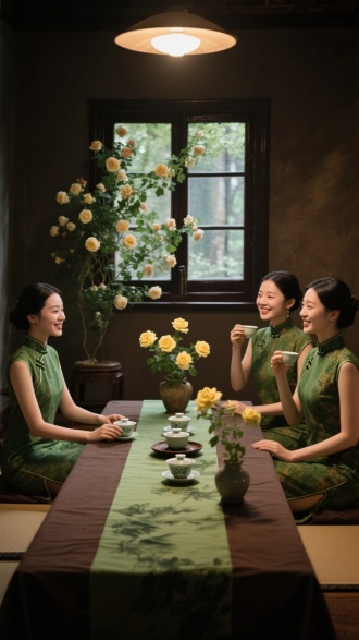 在一个暗咖色调茶室里，有一个暗咖色茶席，茶席中间铺着一条水墨绿的茶巾，茶巾上有3套精美的茶具，2盆精美的插花，3个东方女孩穿着不同绿色旗袍在喝茶，脸上洋溢着笑容，旗袍是香云纱面料，做工很精致，清晰的细节突出了高清晰度摄影的高分辨率专业色彩分级，柔和的阴影干净锐利的焦点和胶片颗粒。充满灵气，温暖的室内顶光，背景有一个复古的窗户，窗太下边有1盆鹅黄色的蔷薇，蔷薇很多枝蔓铺满窗框，安静又充满希望，