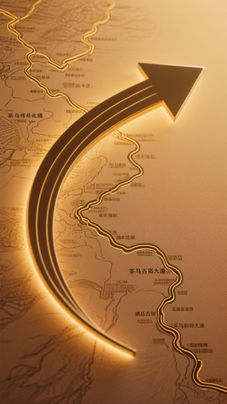 商业摄影，土黄色渐变背景，背景上印着一副暗金色线性茶马古道线路图，一个暗金色半弧形线性箭向上指，箭头呈现弧度对角线，经过背光处理，对比鲜明的亮部和暗部，具有纪念碑式的效果，采用纳比派的风格，清晰的细节突出了高清晰度摄影的高分辨率专业色彩分级，C4D质感渲染，霓虹渐变光影，高清32K。