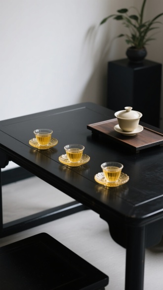 中国禅意茶馆，昏暗的白墙，L型黑色茶桌，茶桌上放着3分黄色水晶茶杯，杯垫非常精美，一块黑色小木板上有一个米白色陶制的盖碗，前景是两个虚化的黑色块和少许黑影绿植，高分辨率，32K。